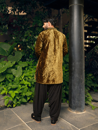 Forest Green Velvet Short Kurta Set with Embroidery and Bead Work
