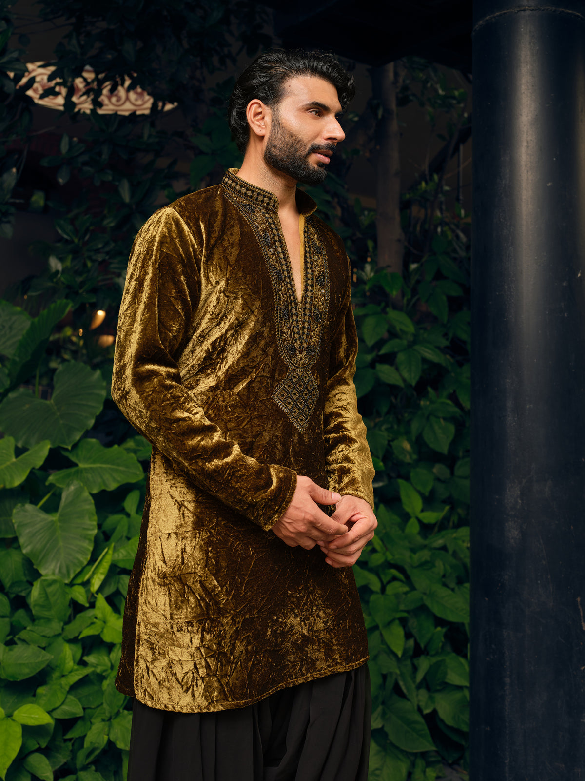 Forest Green Velvet Short Kurta Set with Embroidery and Bead Work
