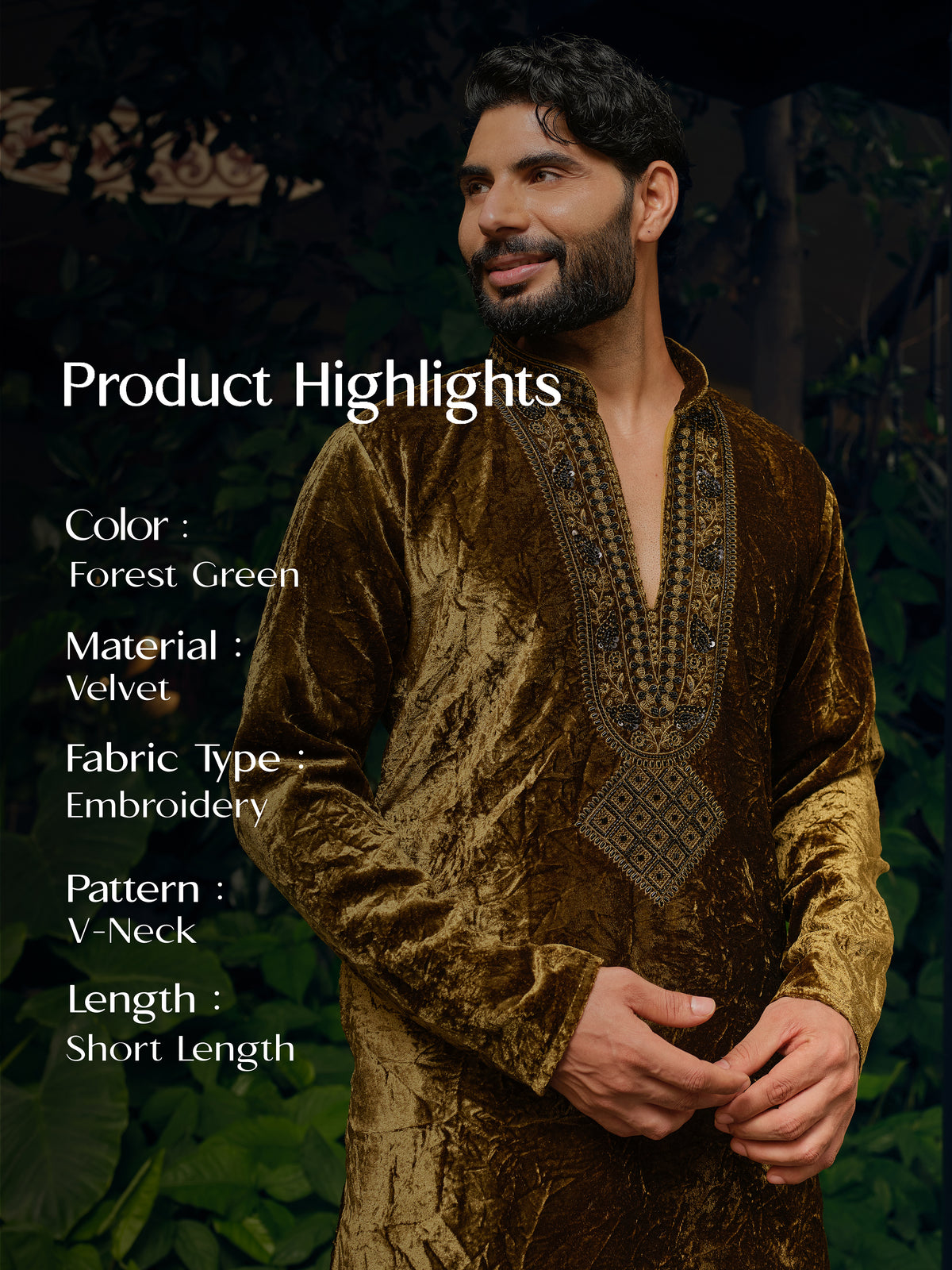 Forest Green Velvet Short Kurta Set with Embroidery and Bead Work