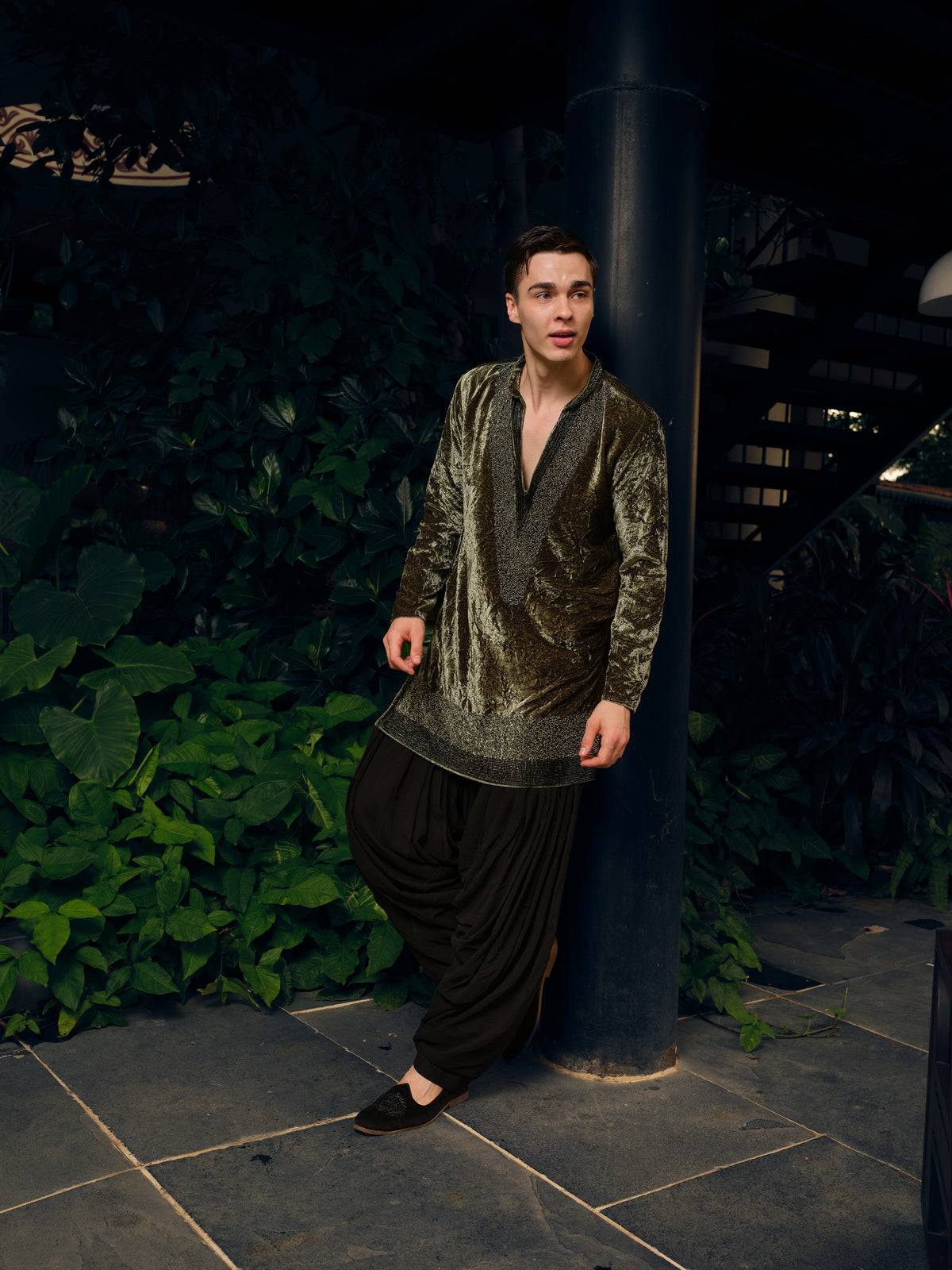 Enchanted Green Velvet Short Kurta Set with Embroidery and Bead Work