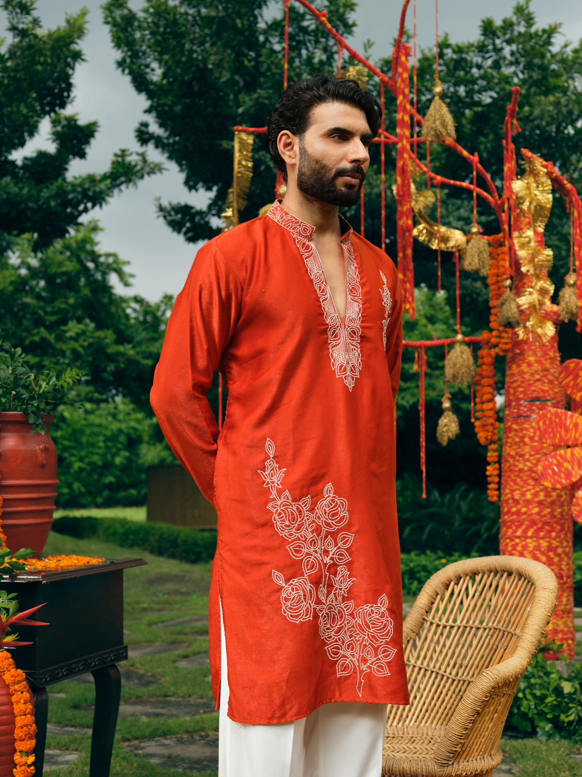 Bright Rust Korean Velvet Short Kurta Set with Silver Zari Embroidery