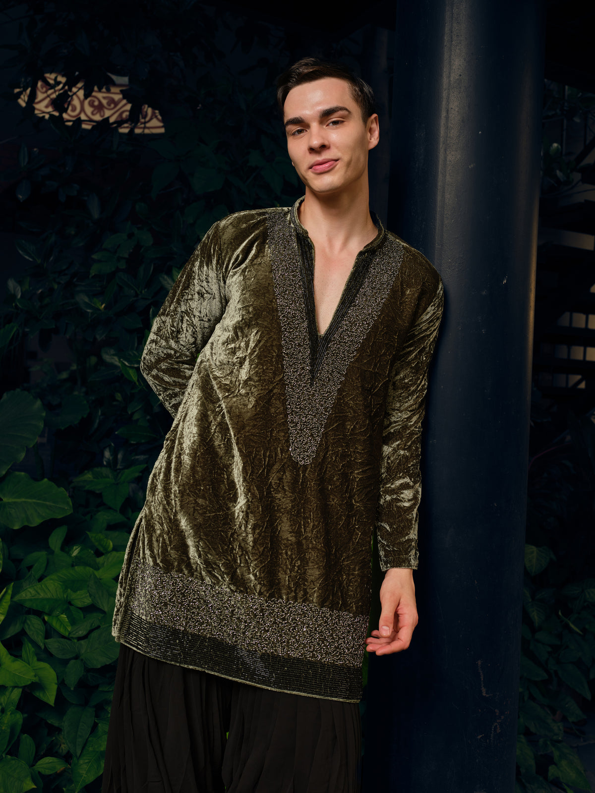 Enchanted Green Velvet Short Kurta Set with Embroidery and Bead Work