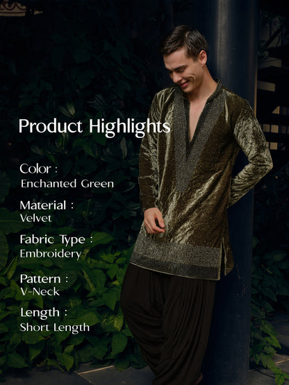 Enchanted Green Velvet Short Kurta Set with Embroidery and Bead Work