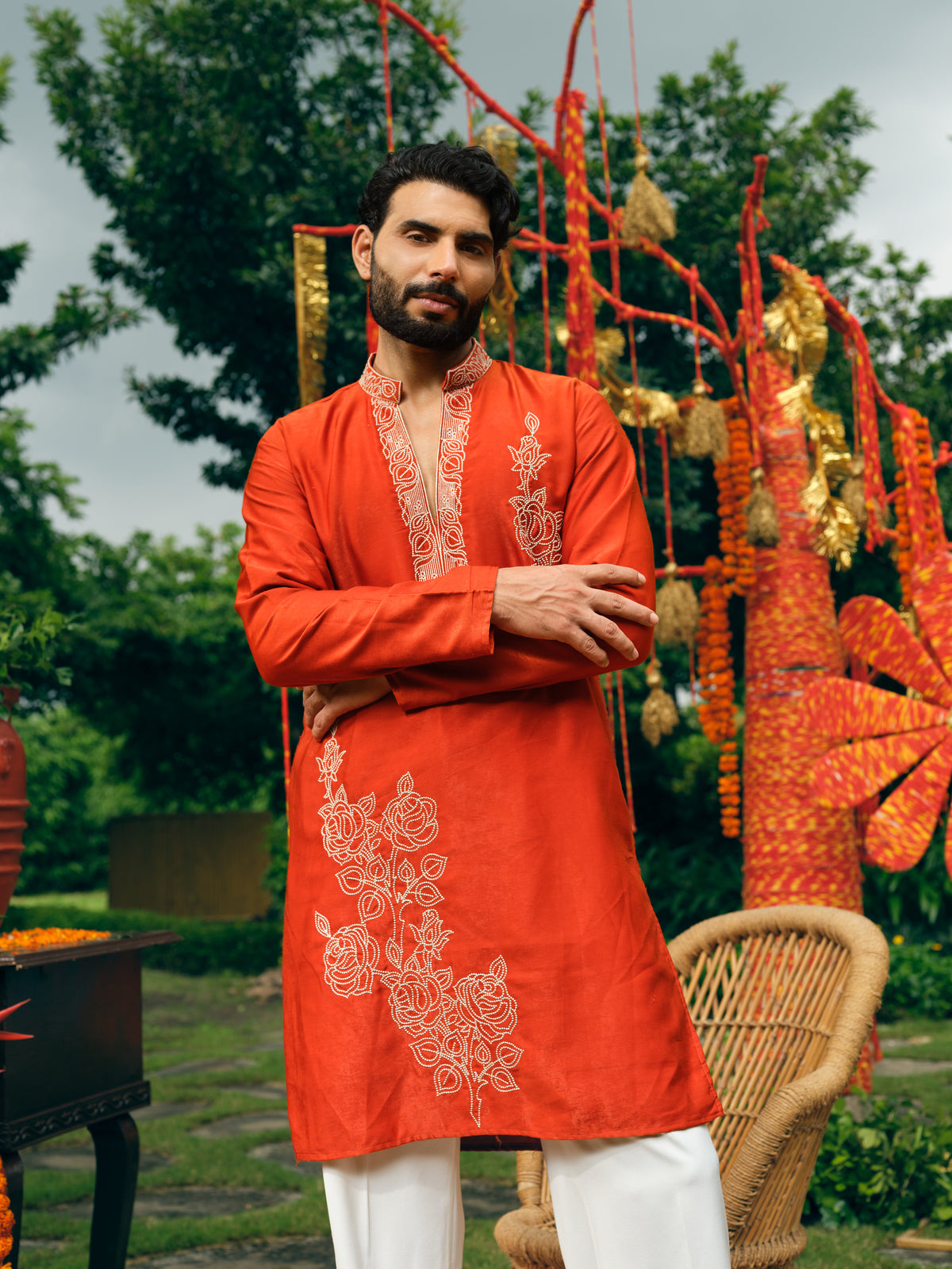 Bright Rust Korean Velvet Short Kurta Set with Silver Zari Embroidery