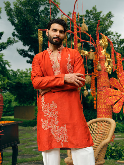 Bright Rust Korean Velvet Short Kurta Set with Silver Zari Embroidery