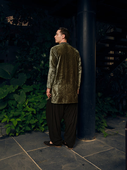 Enchanted Green Velvet Short Kurta Set with Embroidery and Bead Work