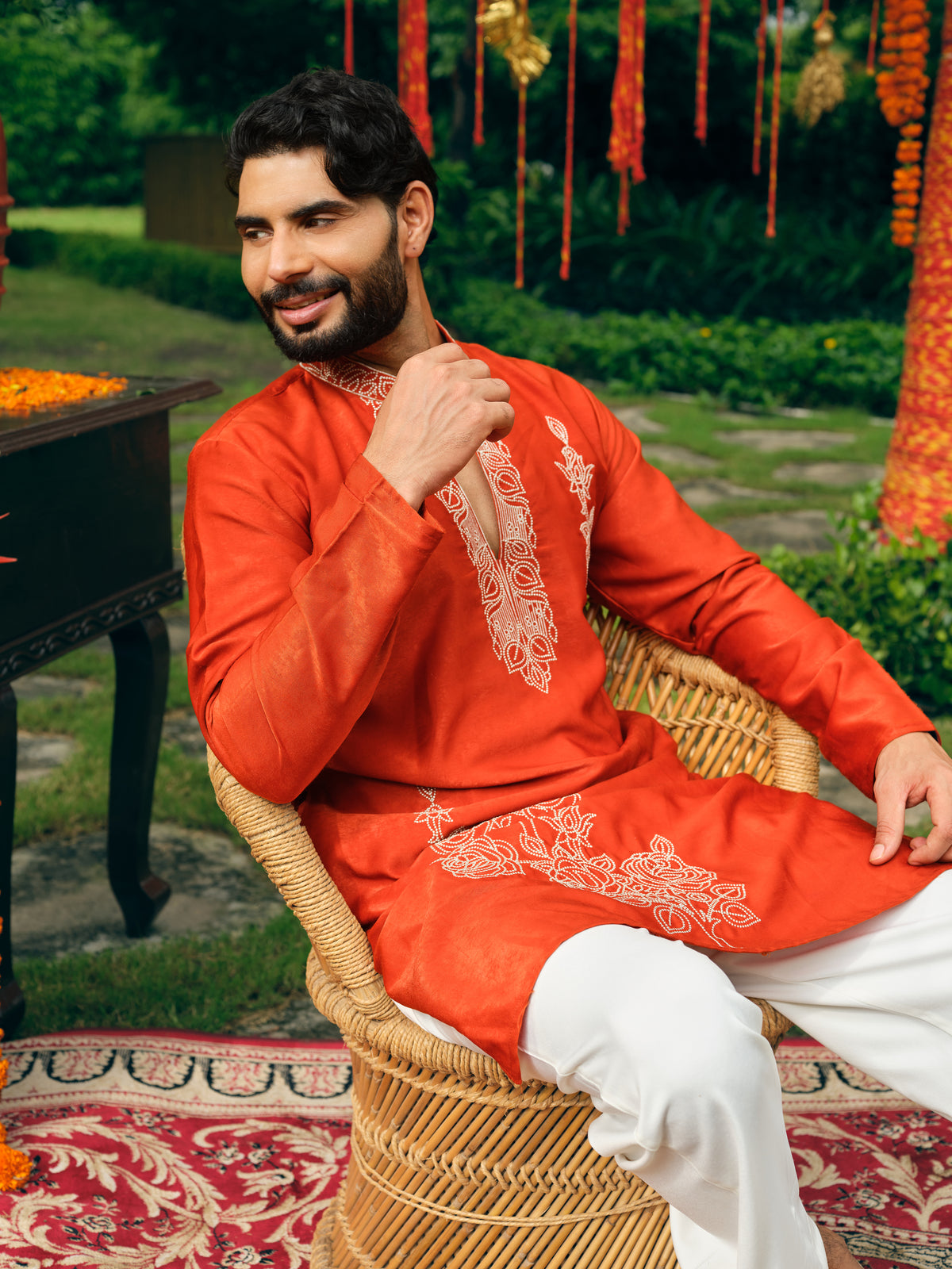 Bright Rust Korean Velvet Short Kurta Set with Silver Zari Embroidery