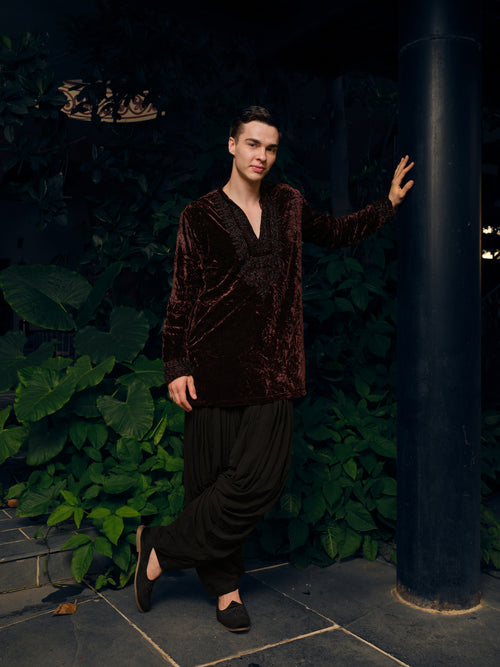 Chocolate Brown Velvet Short Kurta Set with Bead Work