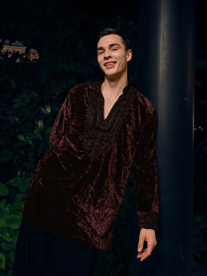 Chocolate Brown Velvet Short Kurta Set with Bead Work