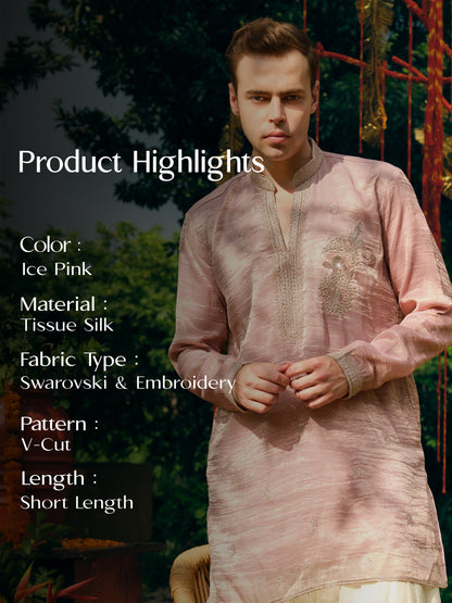 Ice Pink Tissue Silk Short Kurta Set with Embroidery and Swarovski Work