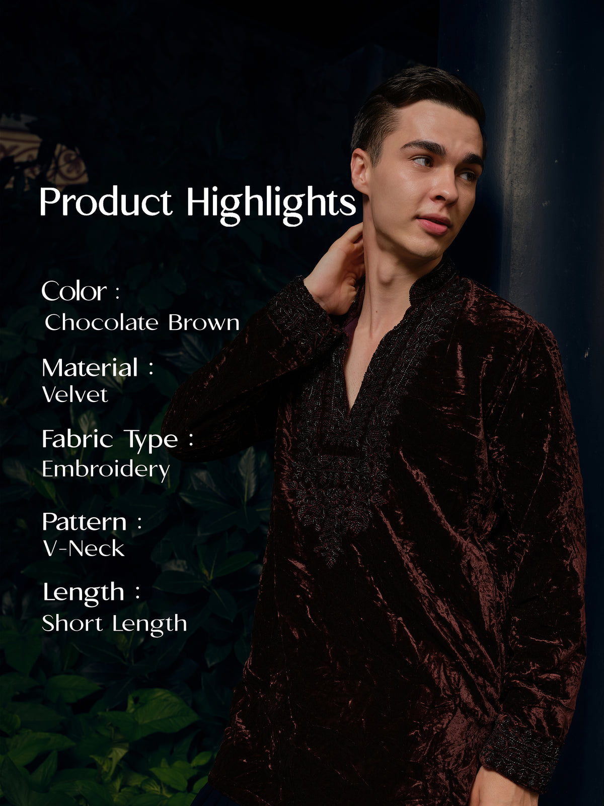 Chocolate Brown Velvet Short Kurta Set with Bead Work