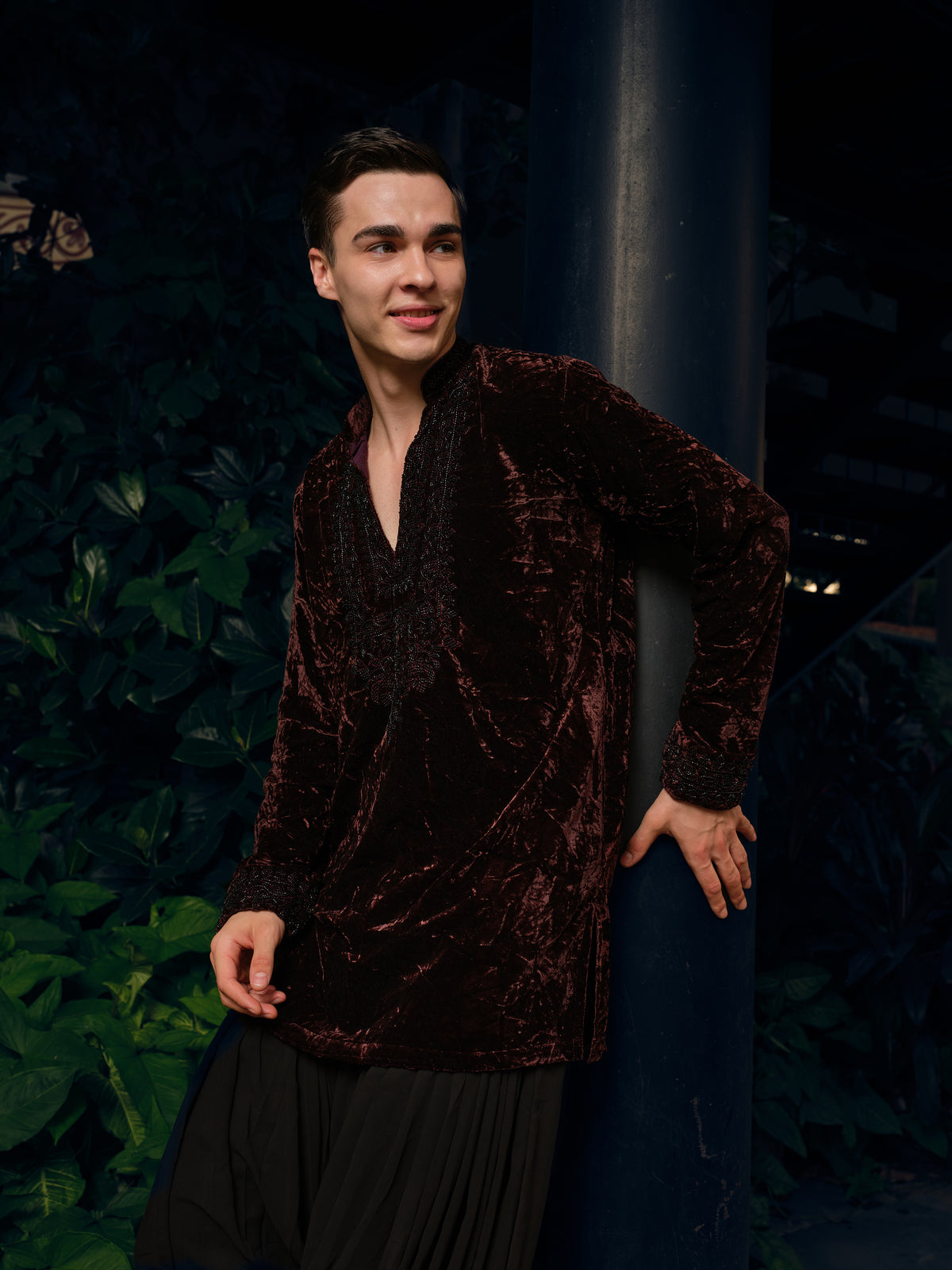 Chocolate Brown Velvet Short Kurta Set with Bead Work