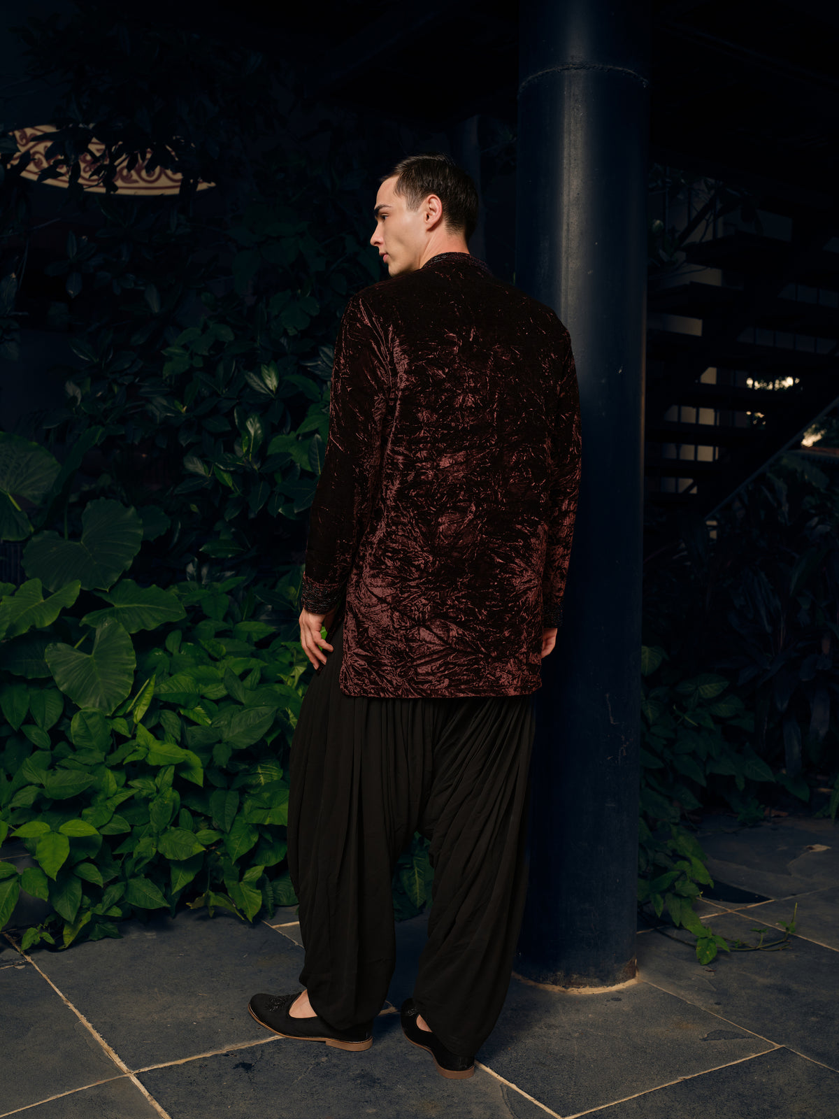 Chocolate Brown Velvet Short Kurta Set with Bead Work
