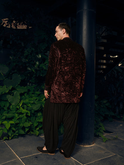 Chocolate Brown Velvet Short Kurta Set with Bead Work
