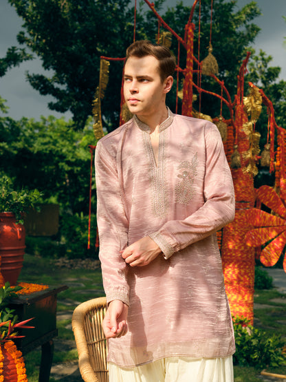Ice Pink Tissue Silk Short Kurta Set with Embroidery and Swarovski Work