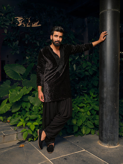 Black Panther Velvet Short Kurta Set with Embroidery and Bead Work