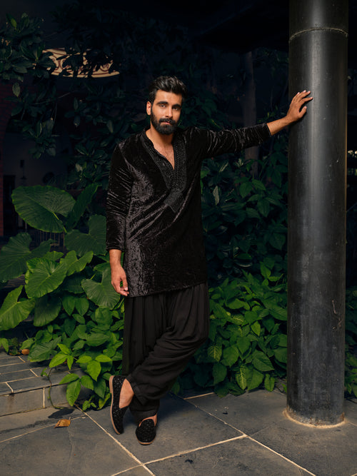 Black Panther Velvet Short Kurta Set with Embroidery and Bead Work