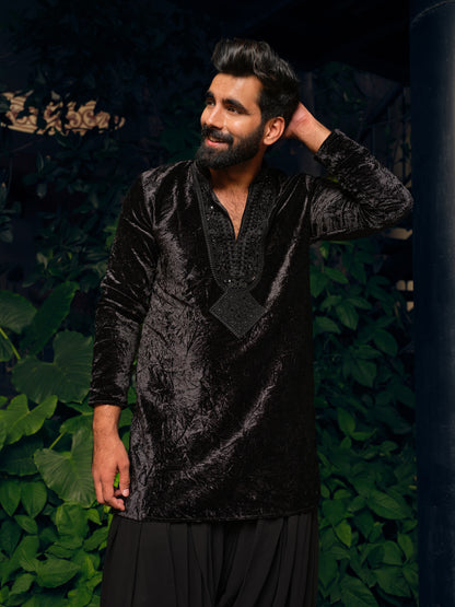 Black Panther Velvet Short Kurta Set with Embroidery and Bead Work