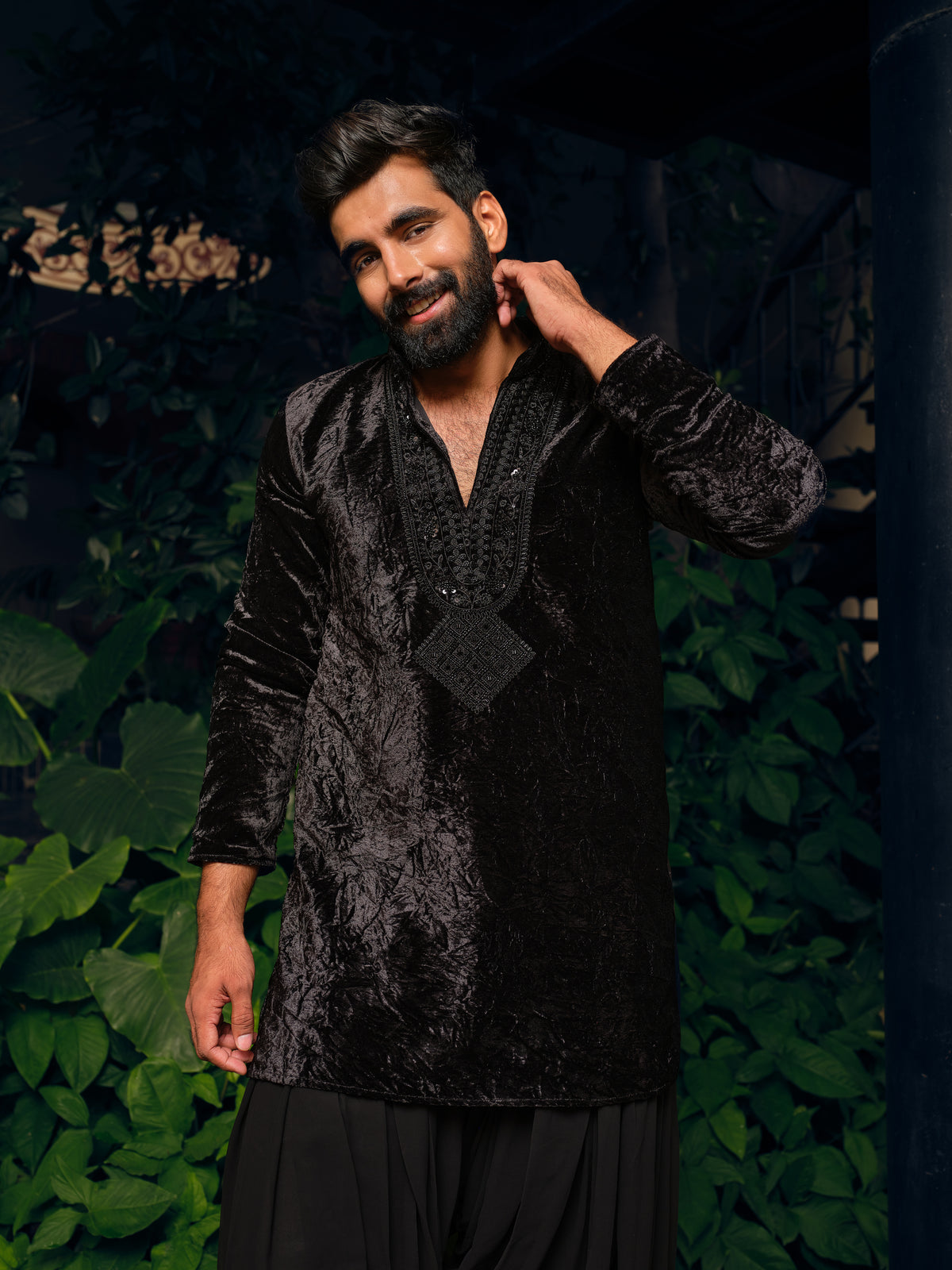 Black Panther Velvet Short Kurta Set with Embroidery and Bead Work