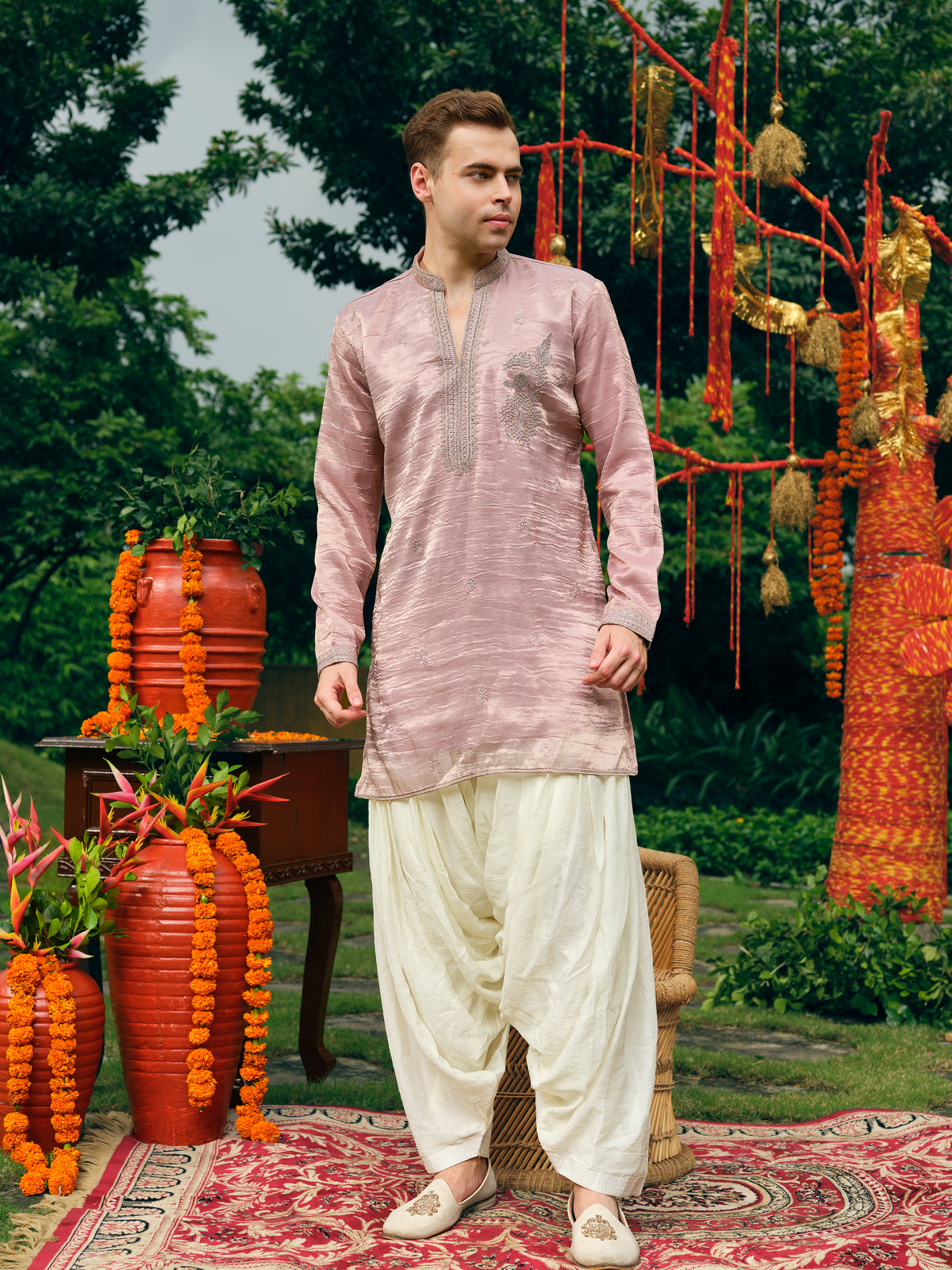 Ice Pink Tissue Silk Short Kurta Set with Embroidery and Swarovski Work