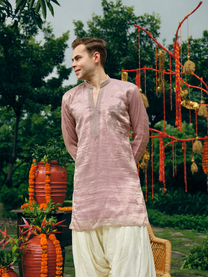 Ice Pink Tissue Silk Short Kurta Set with Embroidery and Swarovski Work