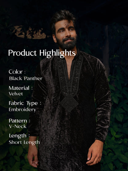Black Panther Velvet Short Kurta Set with Embroidery and Bead Work