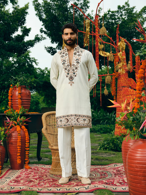 Ivory Japanese Fabric Short Kurta Set with Embroidery and Bead Work