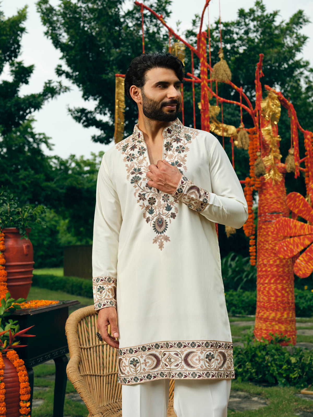 Ivory Japanese Fabric Short Kurta Set with Embroidery and Bead Work