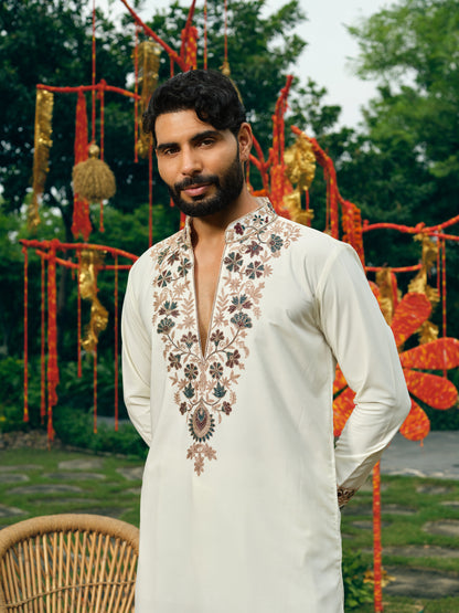 Ivory Japanese Fabric Short Kurta Set with Embroidery and Bead Work
