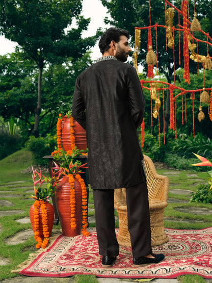 Coal Korean Velvet Short Kurta Set with Silver Zari Embroidery