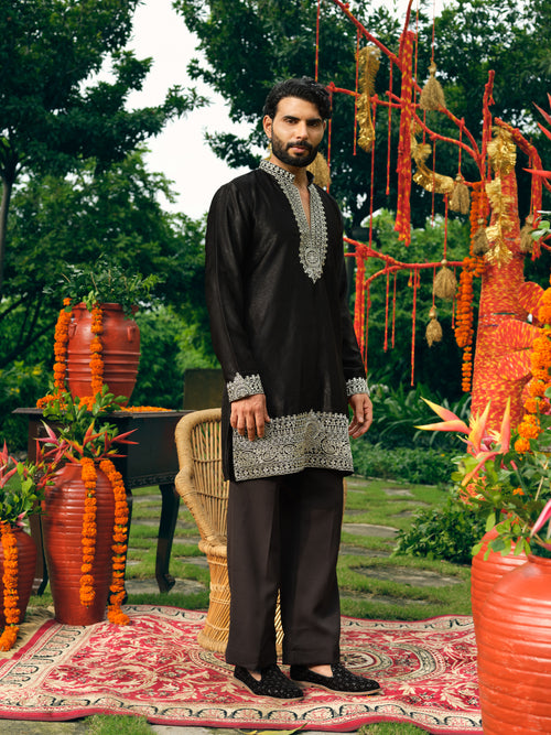 Coal Korean Velvet Short Kurta Set with Silver Zari Embroidery