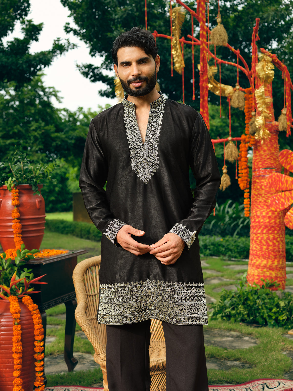 Coal Korean Velvet Short Kurta Set with Silver Zari Embroidery