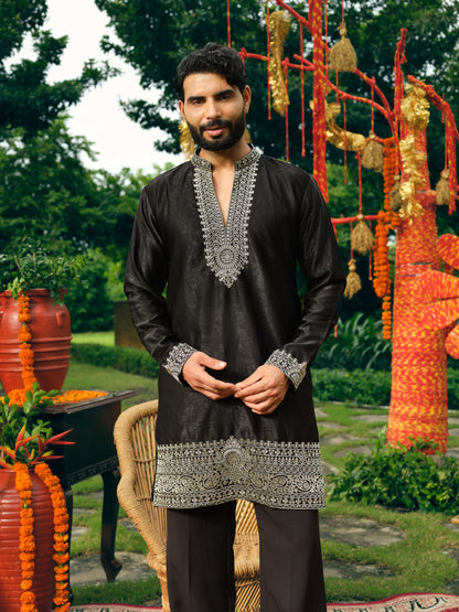 Coal Korean Velvet Short Kurta Set with Silver Zari Embroidery