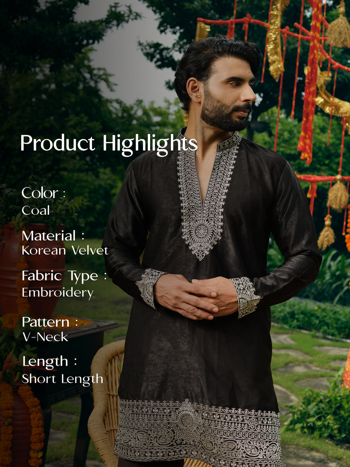 Coal Korean Velvet Short Kurta Set with Silver Zari Embroidery