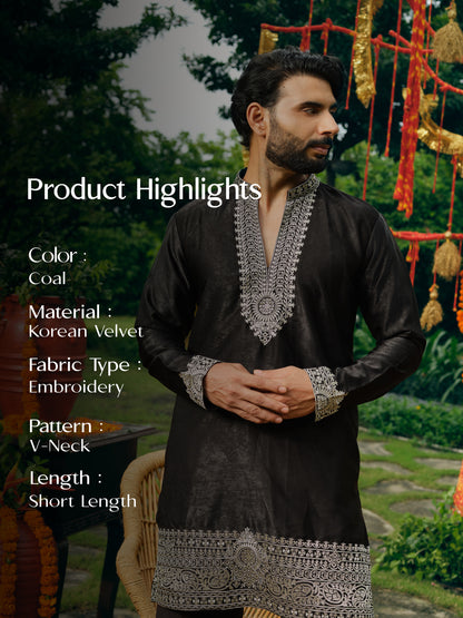 Coal Korean Velvet Short Kurta Set with Silver Zari Embroidery