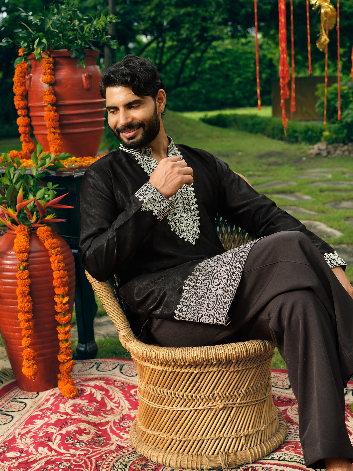 Coal Korean Velvet Short Kurta Set with Silver Zari Embroidery