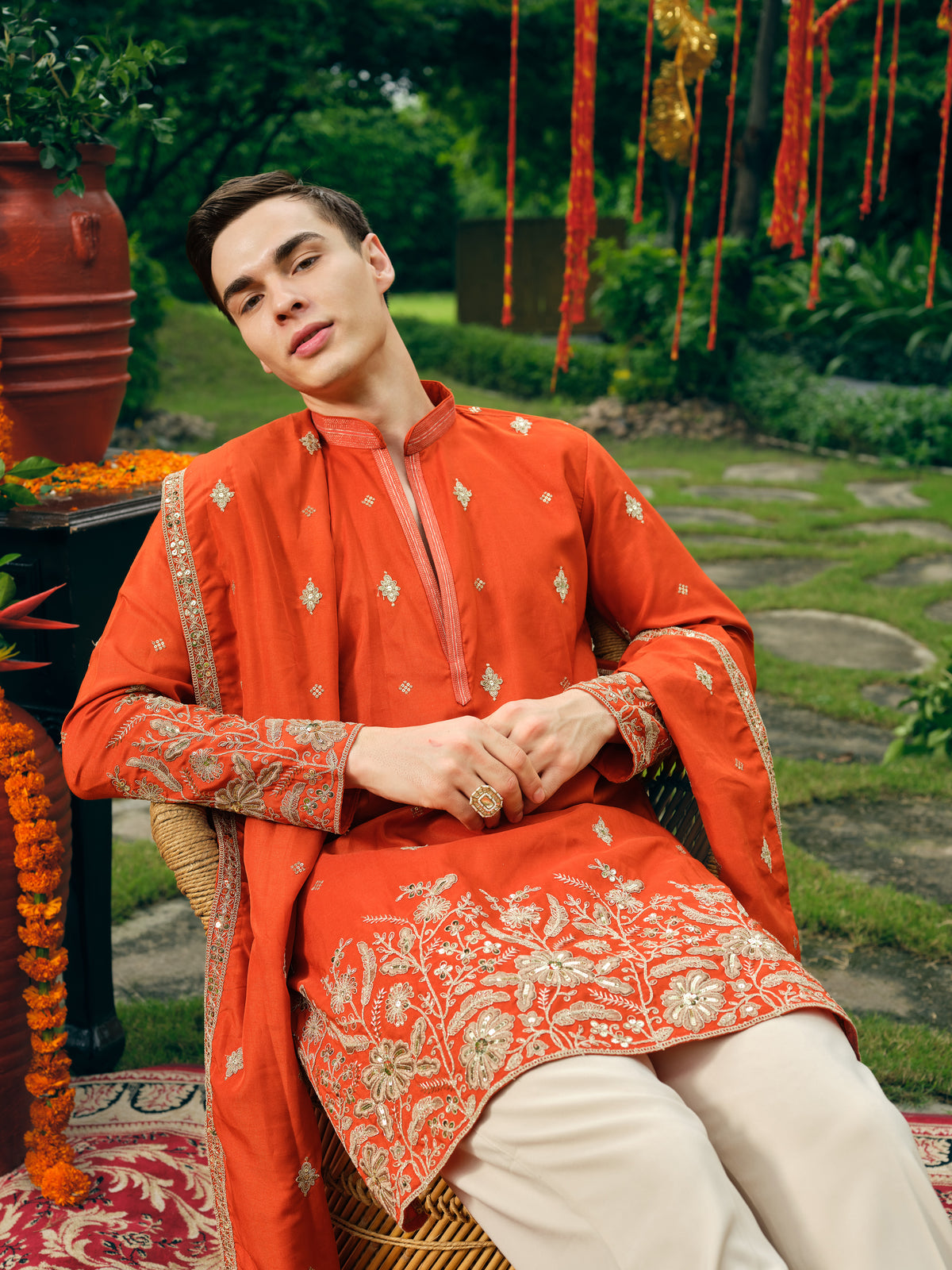 Rust Orange Silk Kurta Dupatta Set with Embroidery and Coding