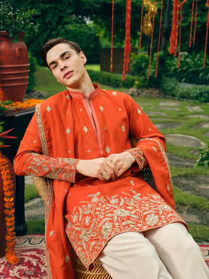 Rust Orange Silk Kurta Dupatta Set with Embroidery and Coding
