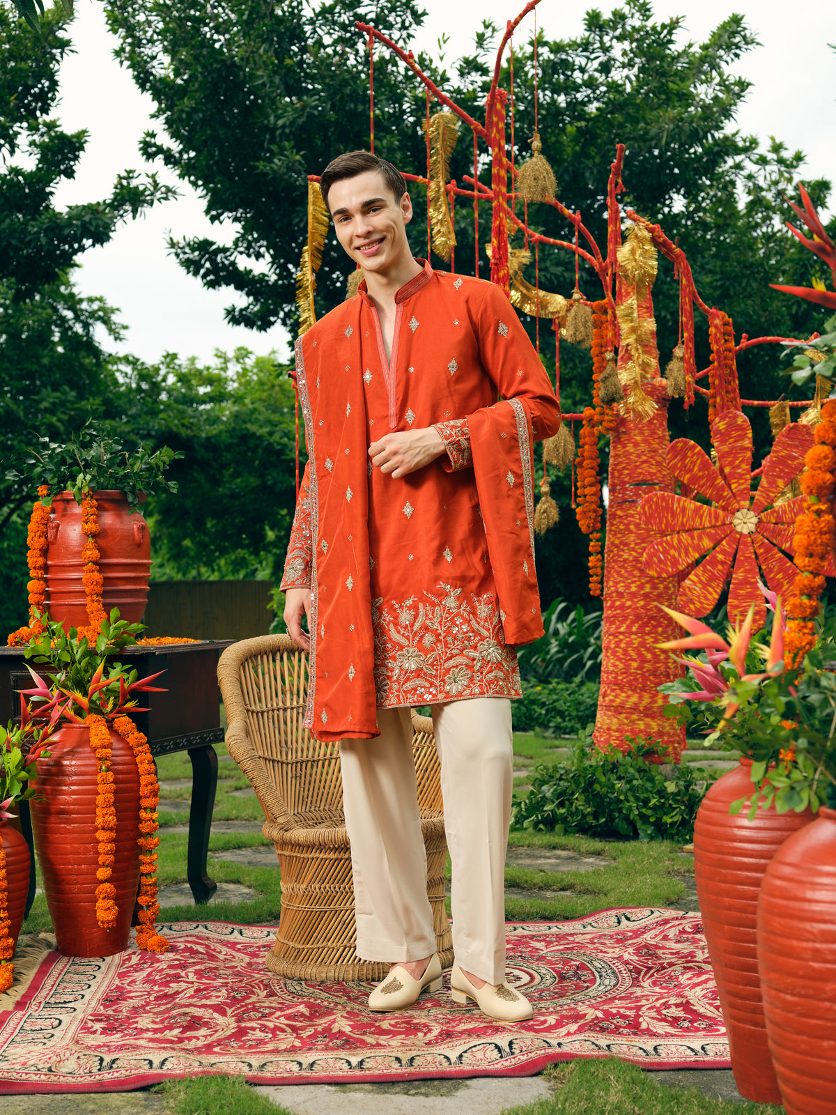 Rust Orange Silk Kurta Dupatta Set with Embroidery and Coding