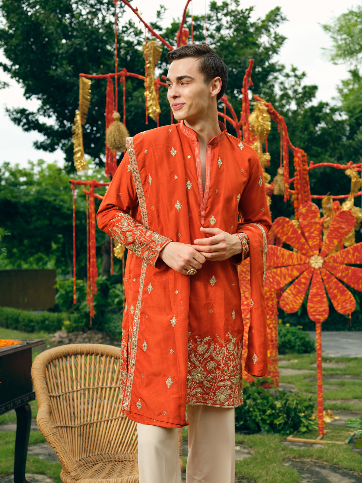 Rust Orange Silk Kurta Dupatta Set with Embroidery and Coding