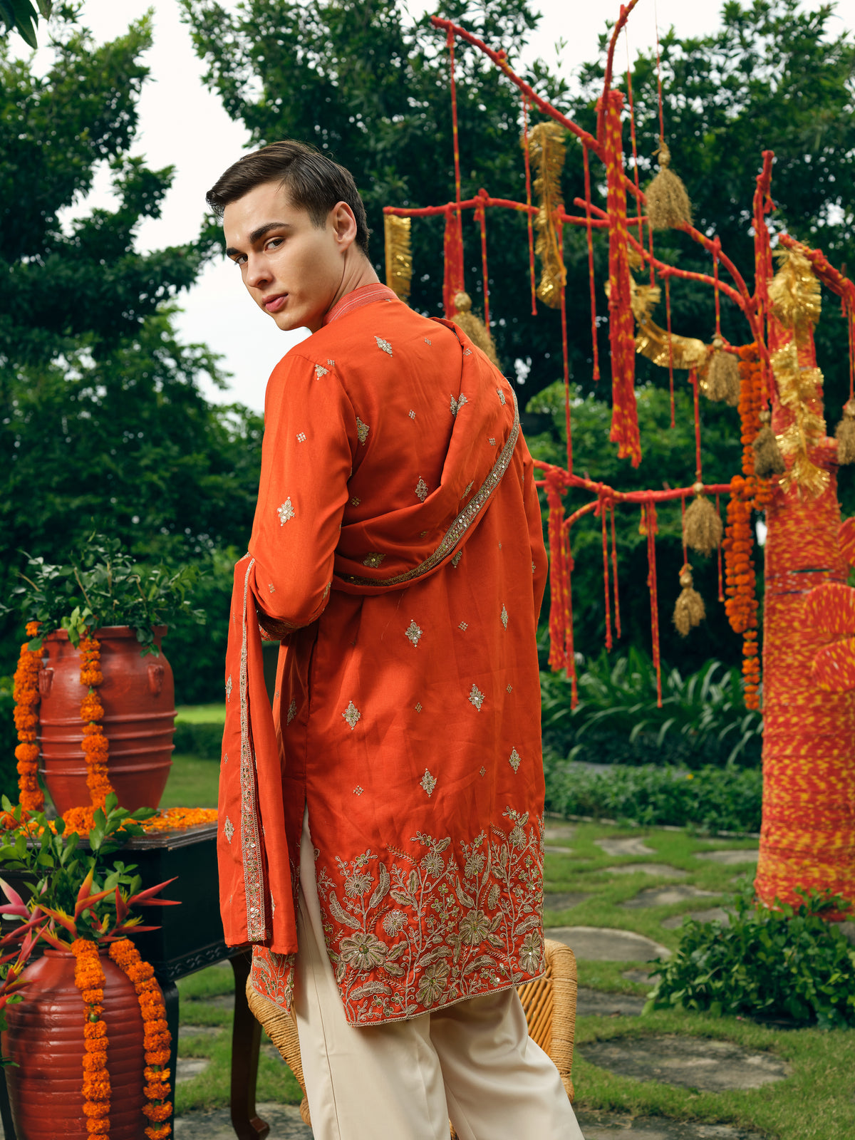 Rust Orange Silk Kurta Dupatta Set with Embroidery and Coding