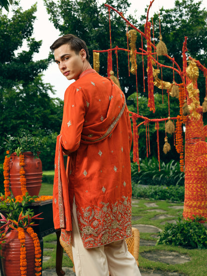 Rust Orange Silk Kurta Dupatta Set with Embroidery and Coding