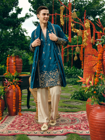 Persian Teal Silk Kurta Dupatta Set with Embroidery and Coding