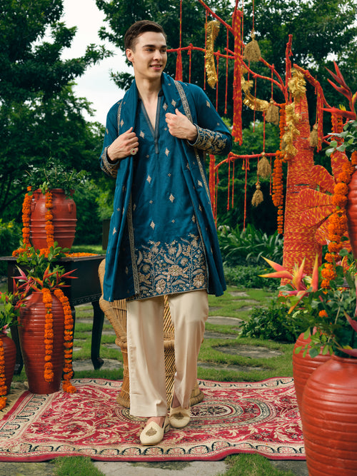 Persian Teal Silk Kurta Dupatta Set with Embroidery and Coding