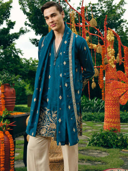Persian Teal Silk Kurta Dupatta Set with Embroidery and Coding