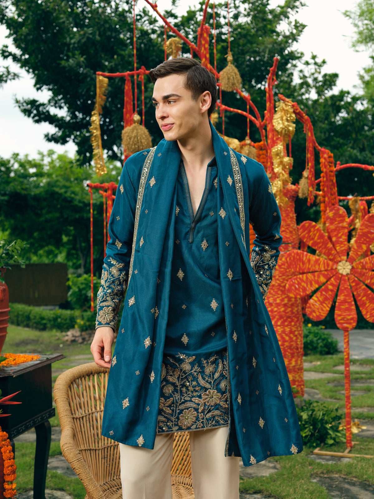 Persian Teal Silk Kurta Dupatta Set with Embroidery and Coding