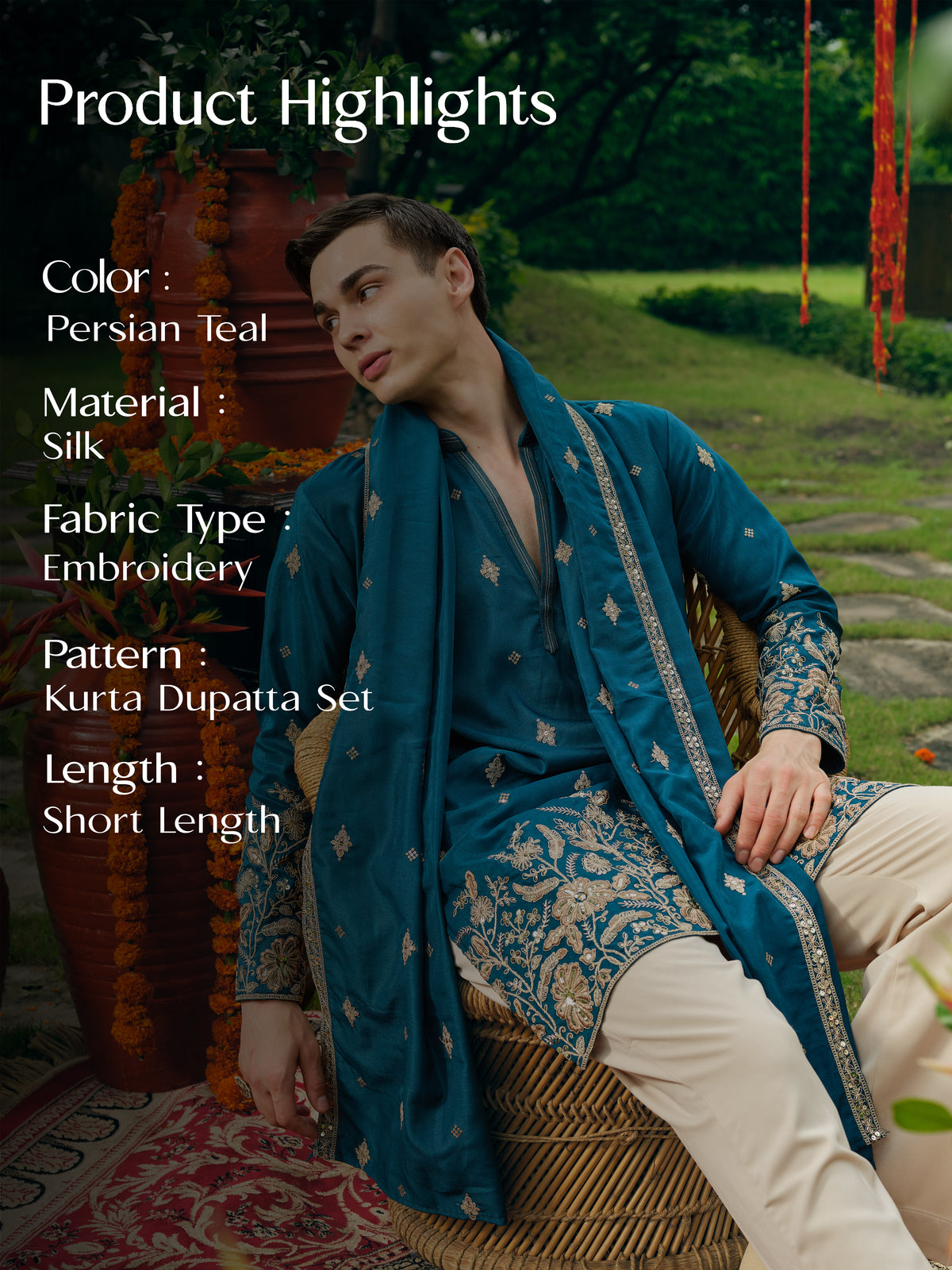 Persian Teal Silk Kurta Dupatta Set with Embroidery and Coding