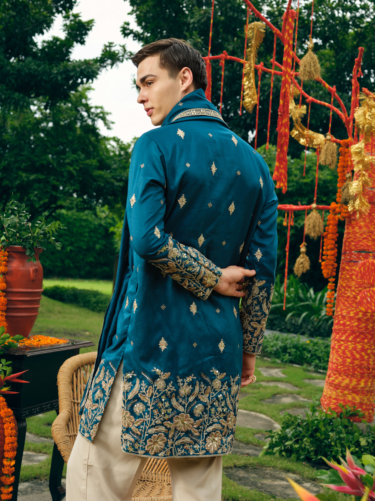 Persian Teal Silk Kurta Dupatta Set with Embroidery and Coding