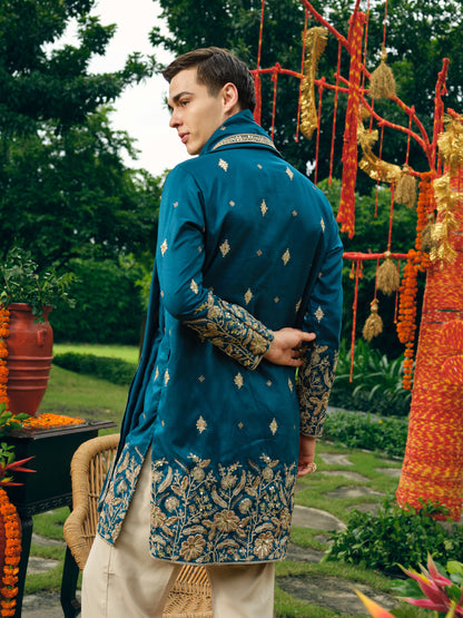 Persian Teal Silk Kurta Dupatta Set with Embroidery and Coding