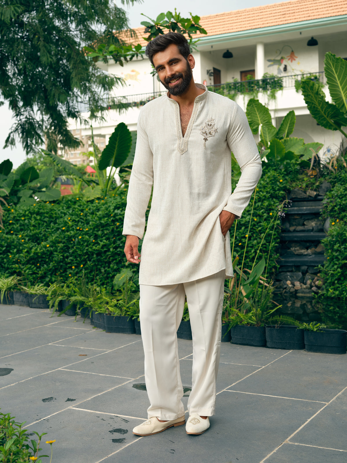Ivory Japanese Short Kurta Set with Bead Work